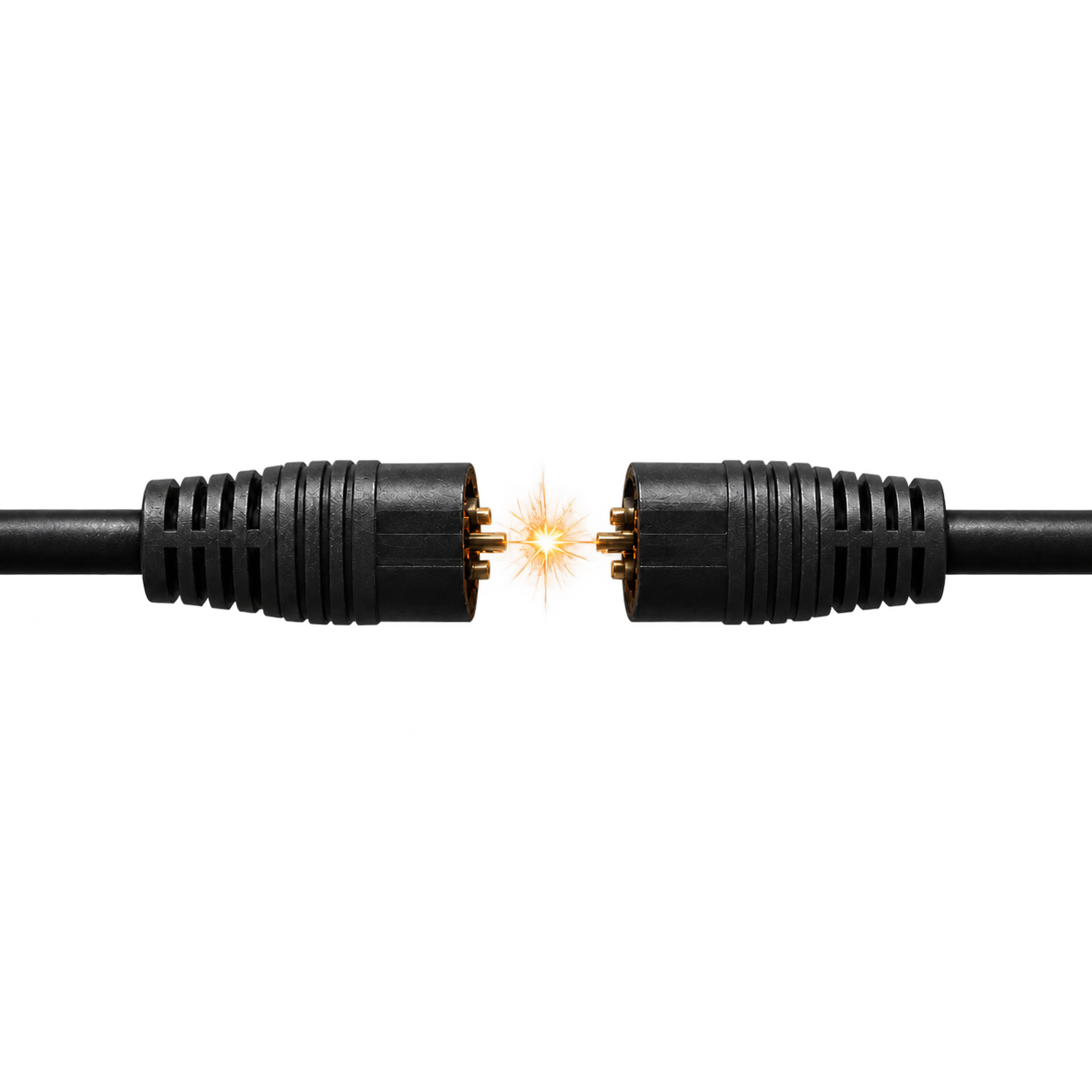 Two disconnected cable ends with a spark between them
